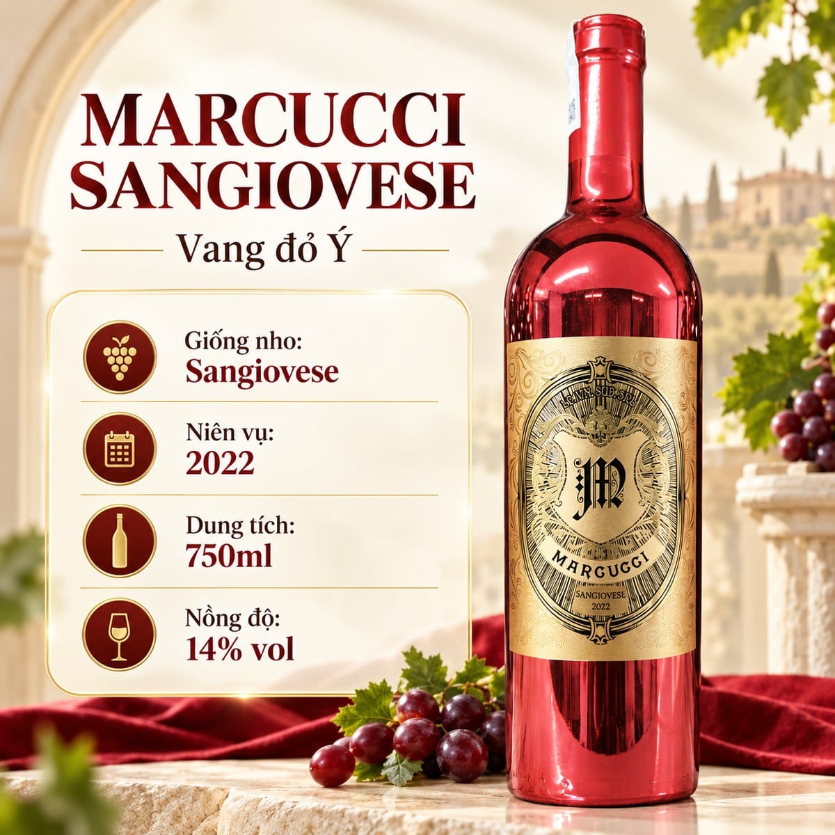 Rượu vang đỏ Marcucci Rosso Gold 2022 chai vàng 750ml – Ý - Ảnh 2