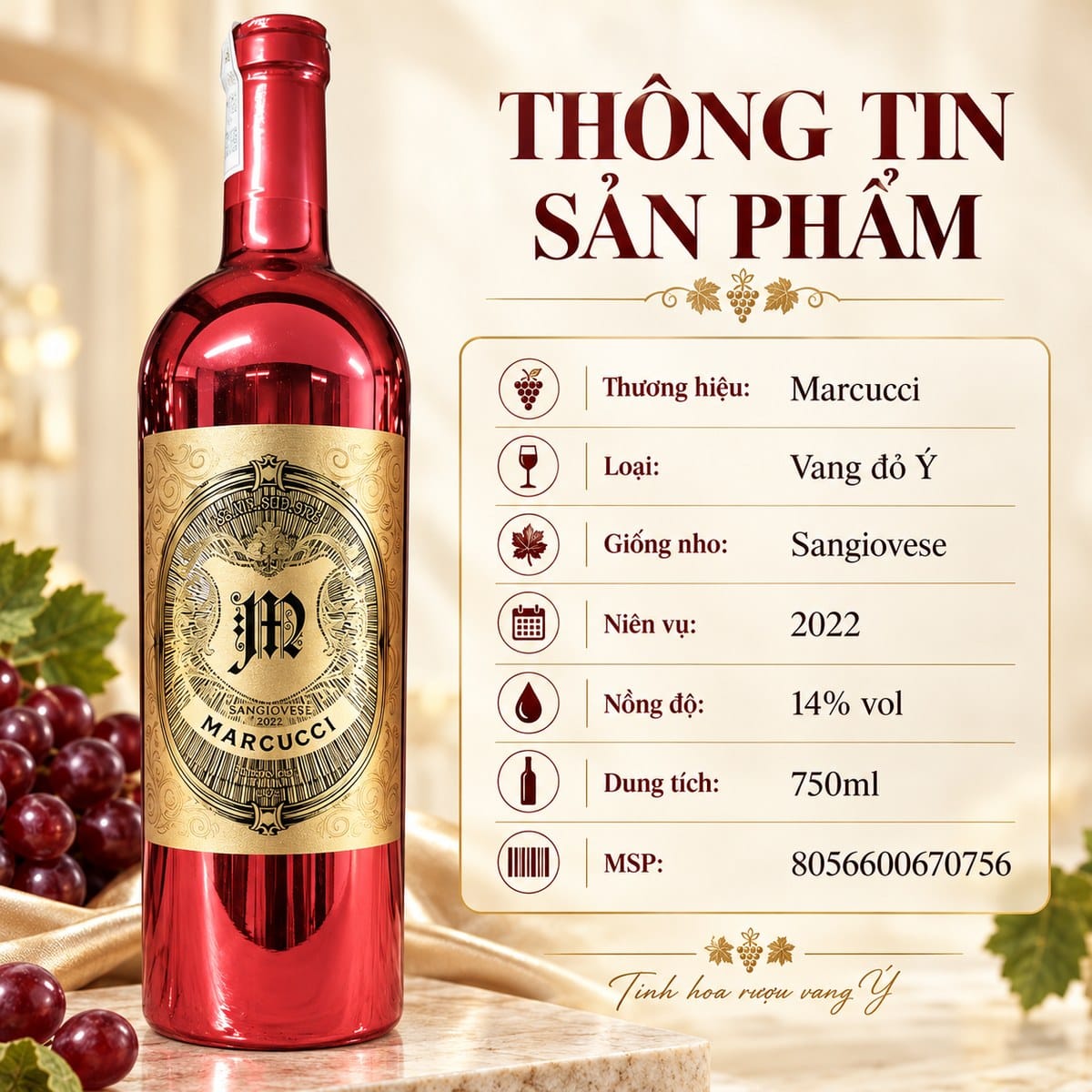 Rượu vang đỏ Marcucci Rosso Gold 2022 chai vàng 750ml – Ý - Ảnh 3