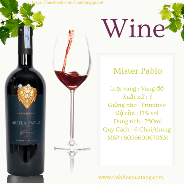 ✨ Mister Pablo Primitivo 2021 là sự kết hợp hoàn hảo giữa truyền thống lâu đời và sự tinh tế hiện đại. Được làm từ giống nho Primitivo nổi tiếng của vùng Puglia, chai rượu này mang đến hương thơm nồng nàn của quả mận, anh đào đen, và mâm xôi, cùng chút hương cay nồng của tiêu đen và gỗ sồi quý phái. Một hậu vị kéo dài, sâu lắng sẽ khiến bạn không thể quên! 😍