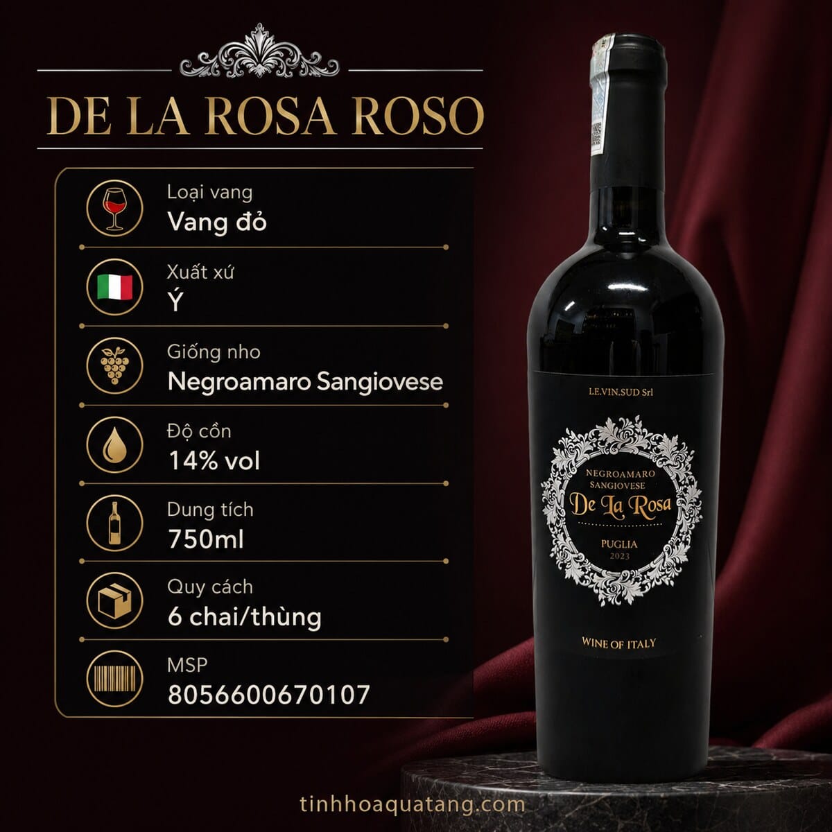 Rượu vang đỏ De La Rosa Negroamaro Sangiovese Puglia 2023 750ml – Ý - Ảnh 2