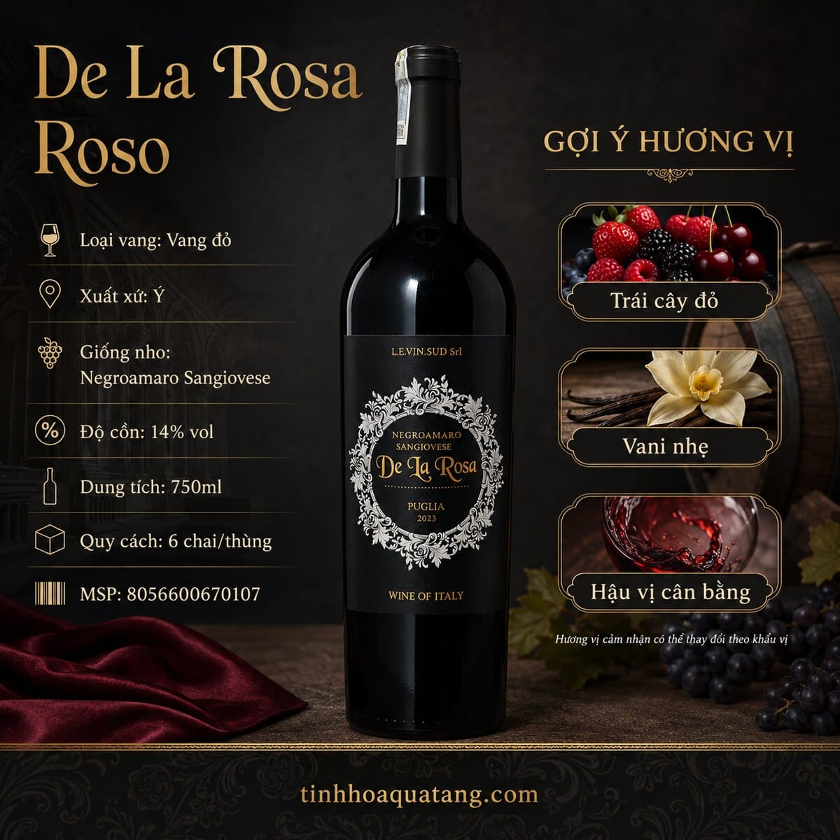 Rượu vang đỏ De La Rosa Negroamaro Sangiovese Puglia 2023 750ml – Ý - Ảnh 4