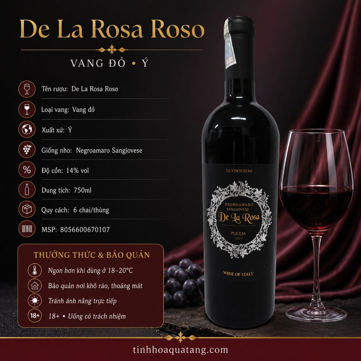 Rượu vang đỏ De La Rosa Negroamaro Sangiovese Puglia 2023 750ml – Ý - Ảnh 6