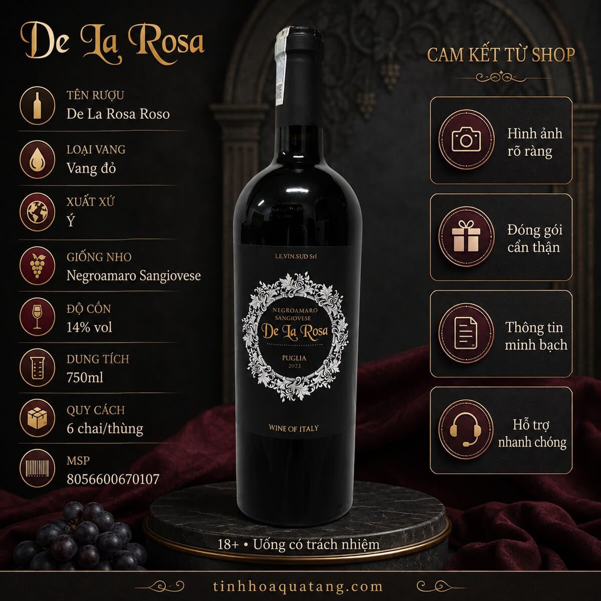 Rượu vang đỏ De La Rosa Negroamaro Sangiovese Puglia 2023 750ml – Ý - Ảnh 8