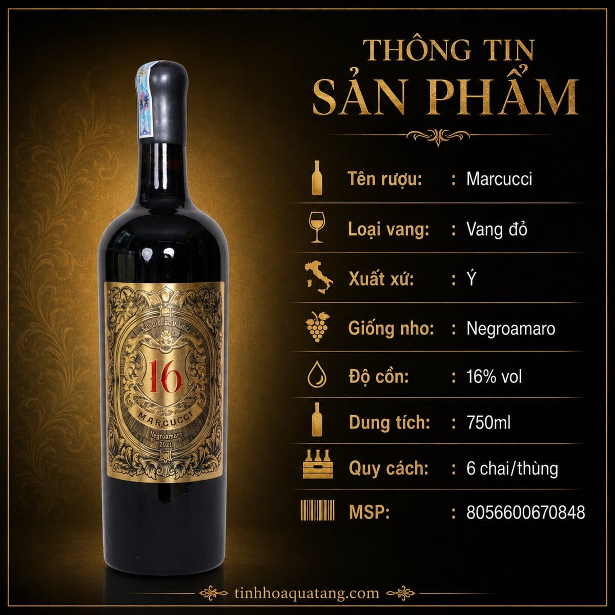 Rượu vang đỏ Marcucci Negroamaro Puglia IGT 2021 16% 750ml – Ý - Ảnh 2