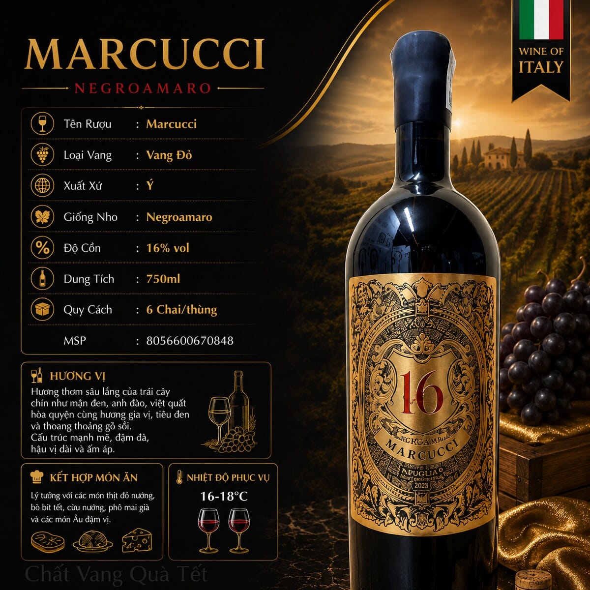 Rượu vang đỏ Marcucci Negroamaro Puglia IGT 2021 16% 750ml – Ý