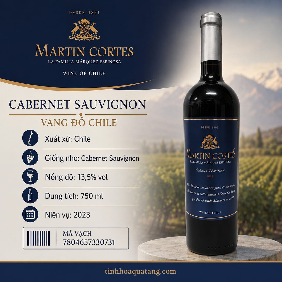 Rượu vang đỏ Martin Cortes Cabernet Sauvignon 2023 14% 750ml – Chile - Ảnh 2