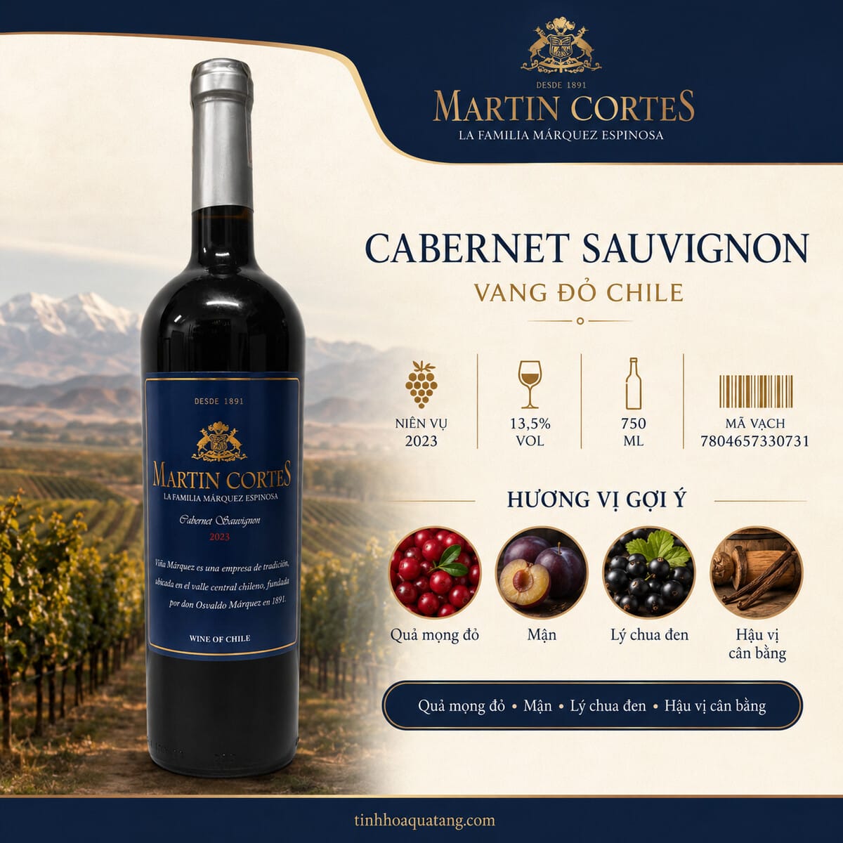 Rượu vang đỏ Martin Cortes Cabernet Sauvignon 2023 13,5% 750ml – Chile - Ảnh 4