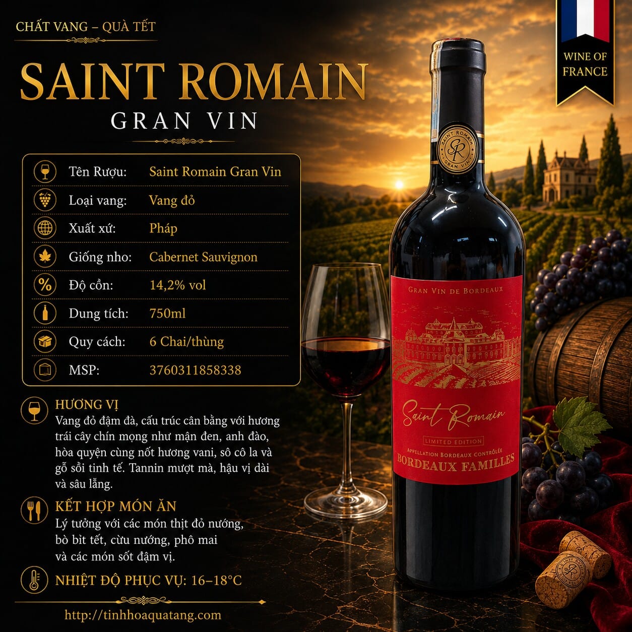 Rượu vang đỏ Saint Romain Gran Vin de Bordeaux 14,2% 750ml – Pháp