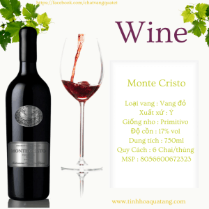 🍷 Monte Cristo Primitivo Puglia 2020 - Đẳng cấp Tinh Hoa Rượu Vàng Ý 1. Xuất xứ: Chai rượu Monte Cristo Primitivo được sản xuất tại Puglia , vùng đất nổi tiếng của nước Ý, nơi tạo ra những chai vang trứ danh với vị hương đậm đà và phong cách độc độc. 2. Mô nho: Được làm từ giống nho Primitivo - một giống nho đỏ nổi tiếng với hương vị đậm đặc, giàu tannin và hậu vị ngọt ngào, mang đến sự cân bằng hoàn hảo. 3. Hương vị: Hương thơm: Đậm đà với sự hòa quyện của trái cây chín như mâm xôi, anh đào đen, Mận, cùng một chút hương vị của socola, vani và gia vị cay nồng. Vị: Kết cấu mượt mà, đậm vị, với tannin thương mại, cân bằng và hậu vị kéo dài, mang lại cảm giác dễ chịu và đầy lưu tiếc. 4. Rượu Nồng độ: 14% - Lý tưởng để thưởng thức trong các bữa tiệc ấm cúng hoặc bữa ăn sang trọng. 5. Thiết kế: Với vẻ ngoài sang trọng, chai rượu được thiết kế tinh tế cùng nhãn bạc nổi bật, là lựa chọn hoàn hảo làm quà tặng trong những dịp đặc biệt như lễ Tết, kỷ ni