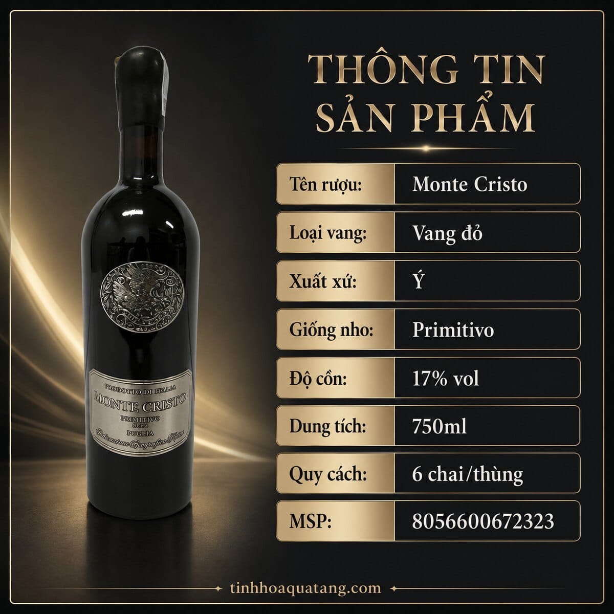 Rượu vang đỏ Monte Cristo Primitivo 2023 17% 750ml – Ý - Ảnh 2