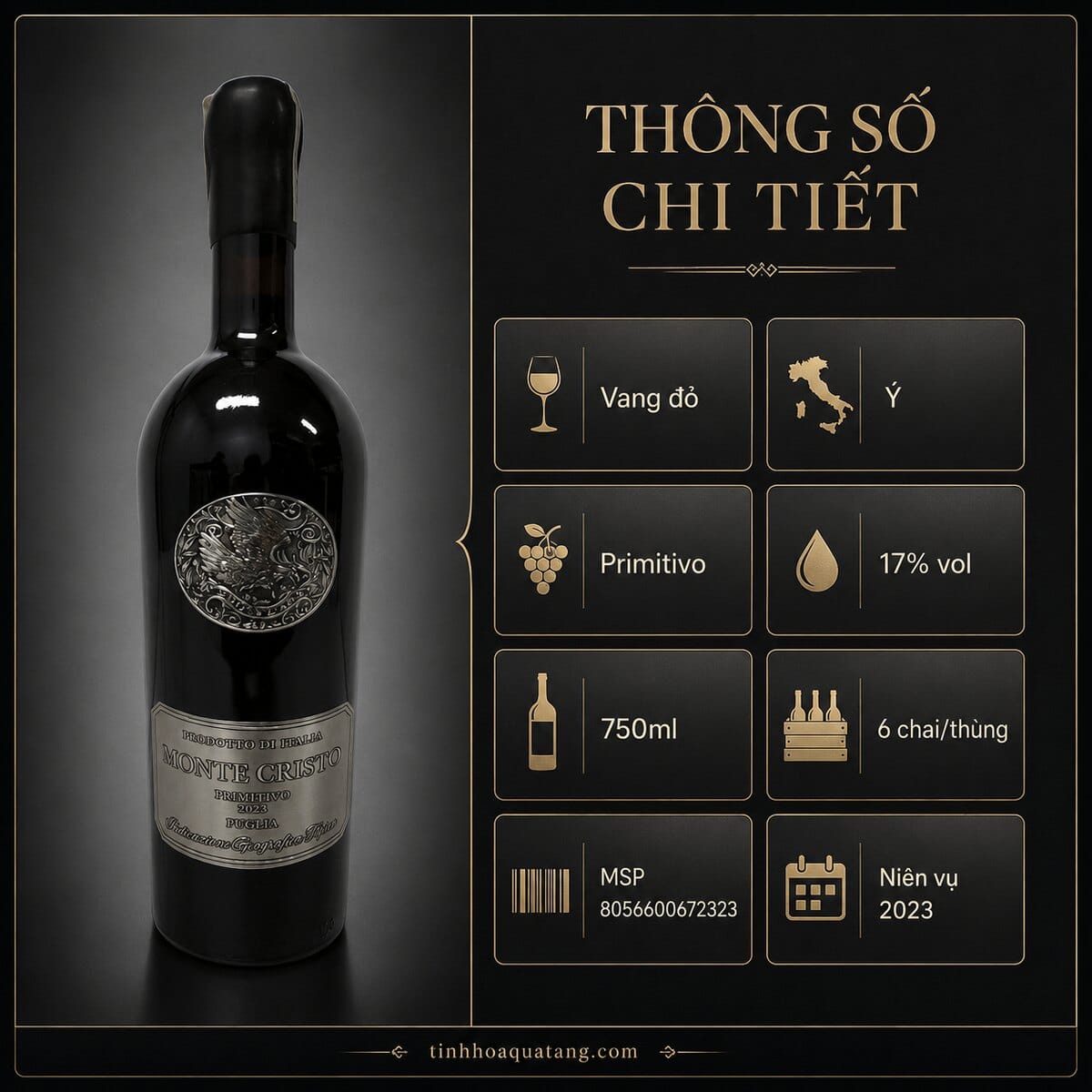 Rượu vang đỏ Monte Cristo Primitivo 2023 17% 750ml – Ý - Ảnh 3
