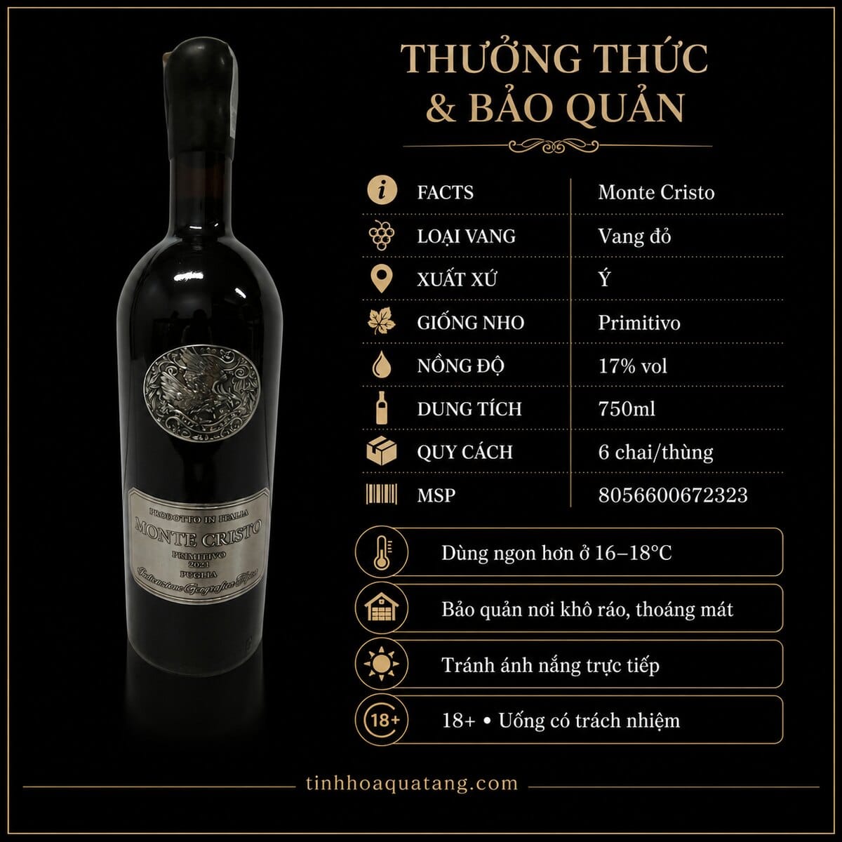 Rượu vang đỏ Monte Cristo Primitivo 2023 17% 750ml – Ý - Ảnh 6