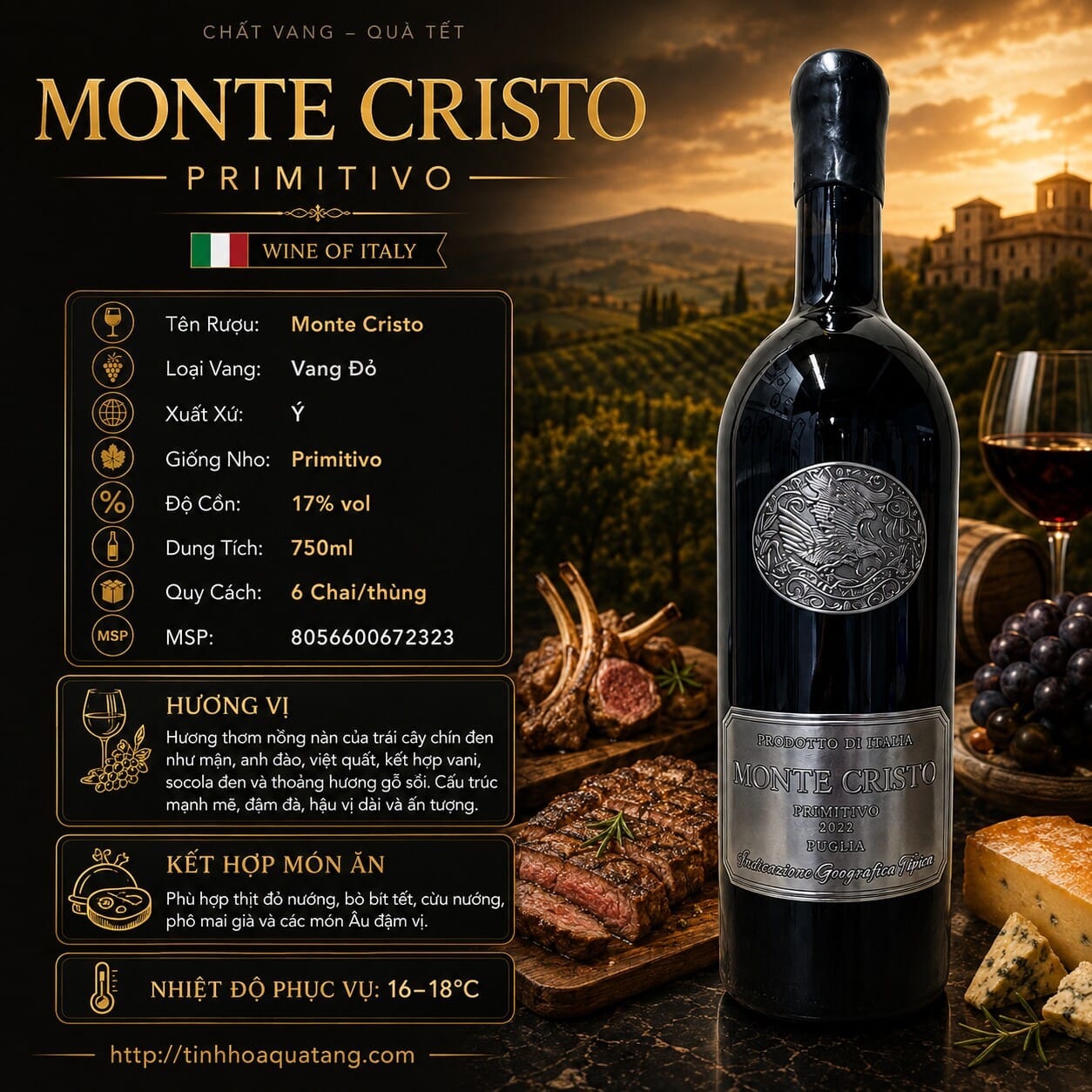 Rượu vang đỏ Monte Cristo Primitivo 2023 17% 750ml – Ý