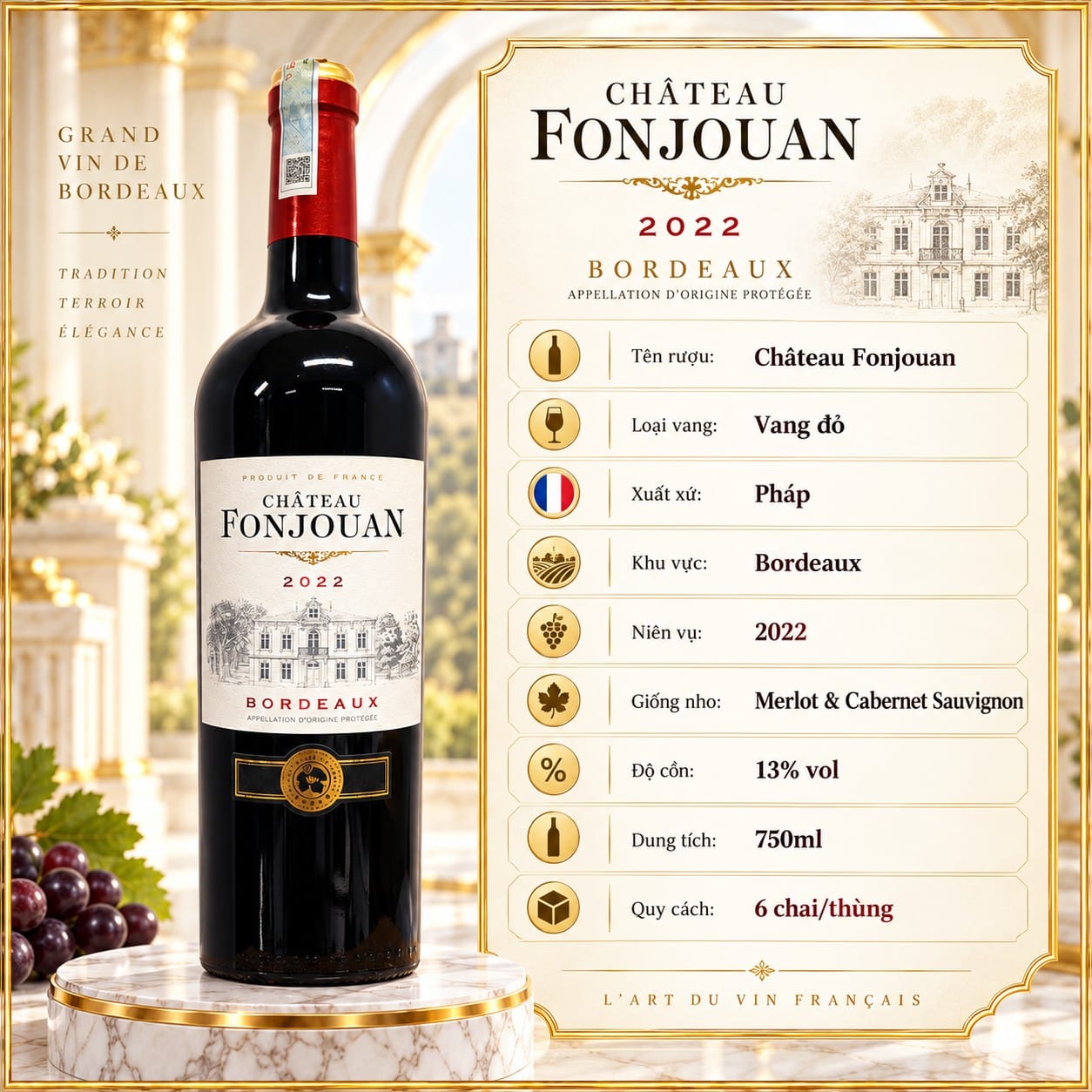 Rượu vang đỏ Château Fonjouan Bordeaux AOP 2022 750ml – Pháp - Ảnh 3