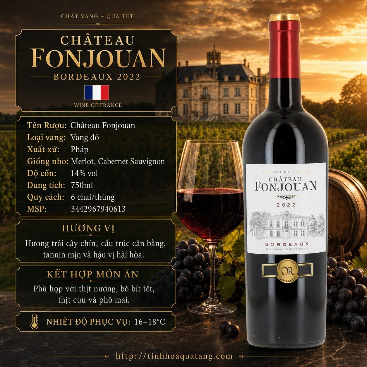 Rượu vang đỏ Château Fonjouan Bordeaux AOP 2022 750ml – Pháp