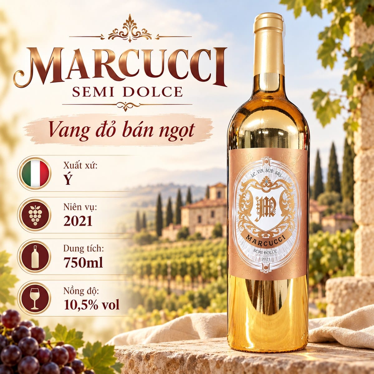 Rượu vang bán ngọt Marcucci Semi Dolce 2021 chai vàng 750ml – Ý - Ảnh 2