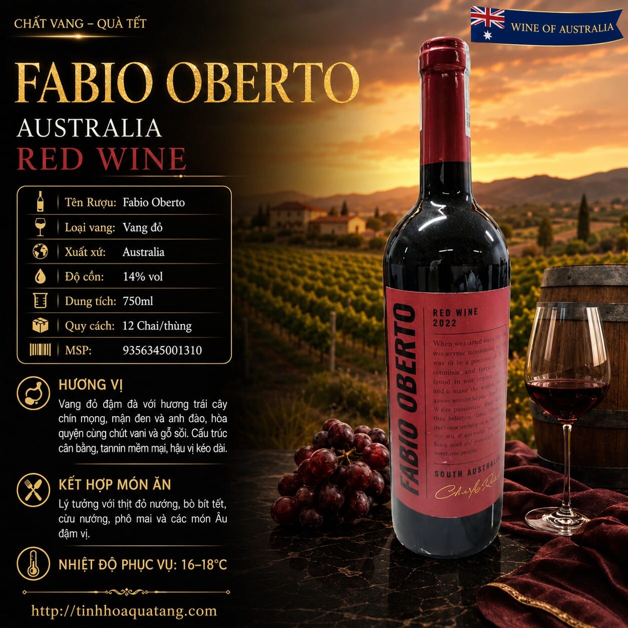 Rượu vang đỏ Fabio Oberto Red Wine 2022 South Australia chai 750ml