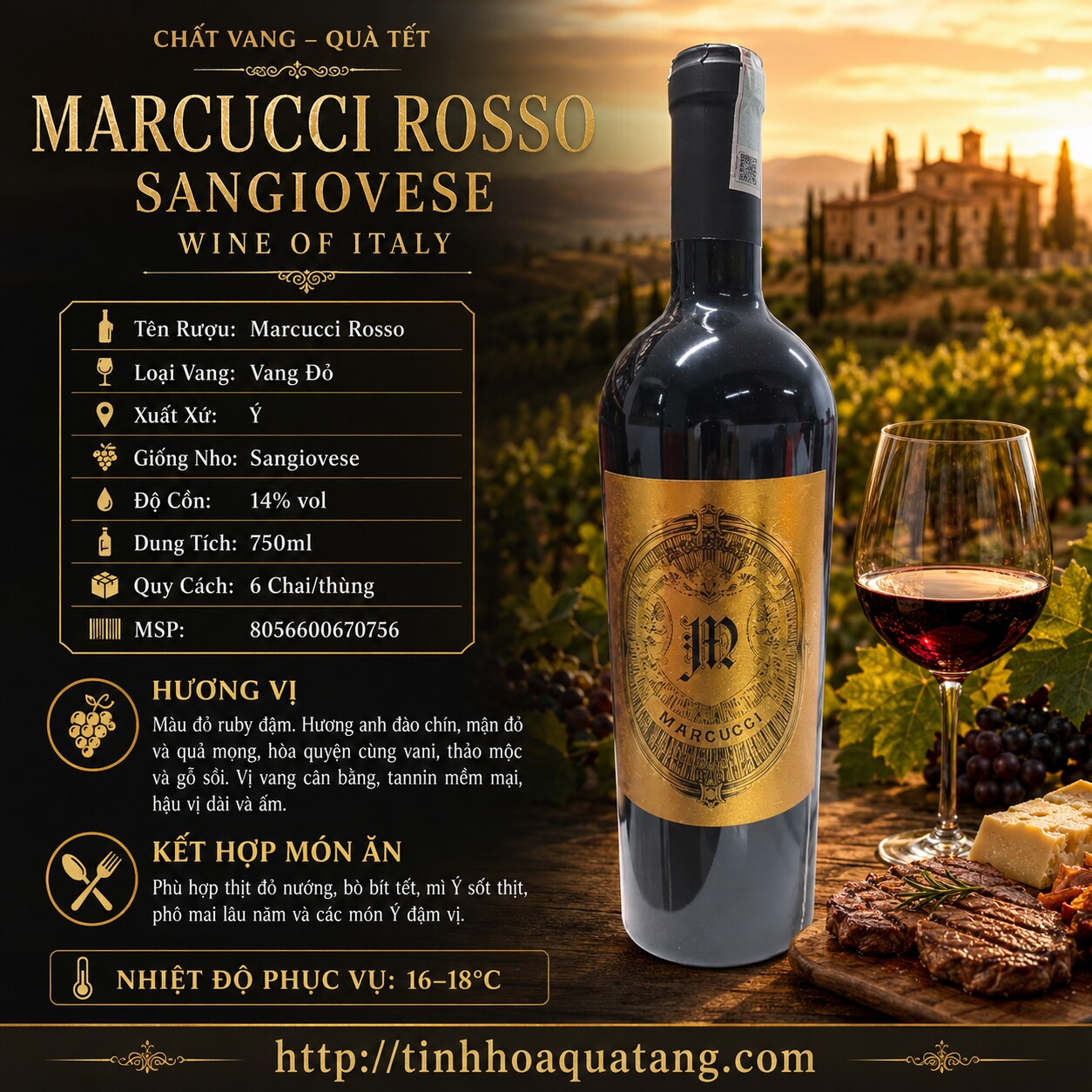 Rượu vang đỏ Marcucci Sangiovese 2022 của Ý chai 750ml