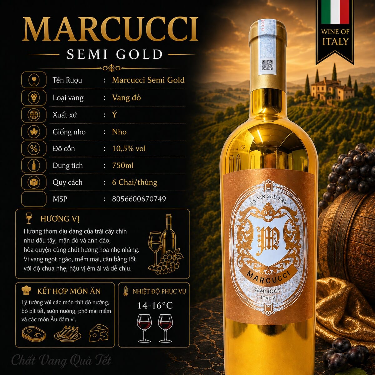 Rượu vang bán ngọt Marcucci Semi Dolce 2021 chai vàng 750ml