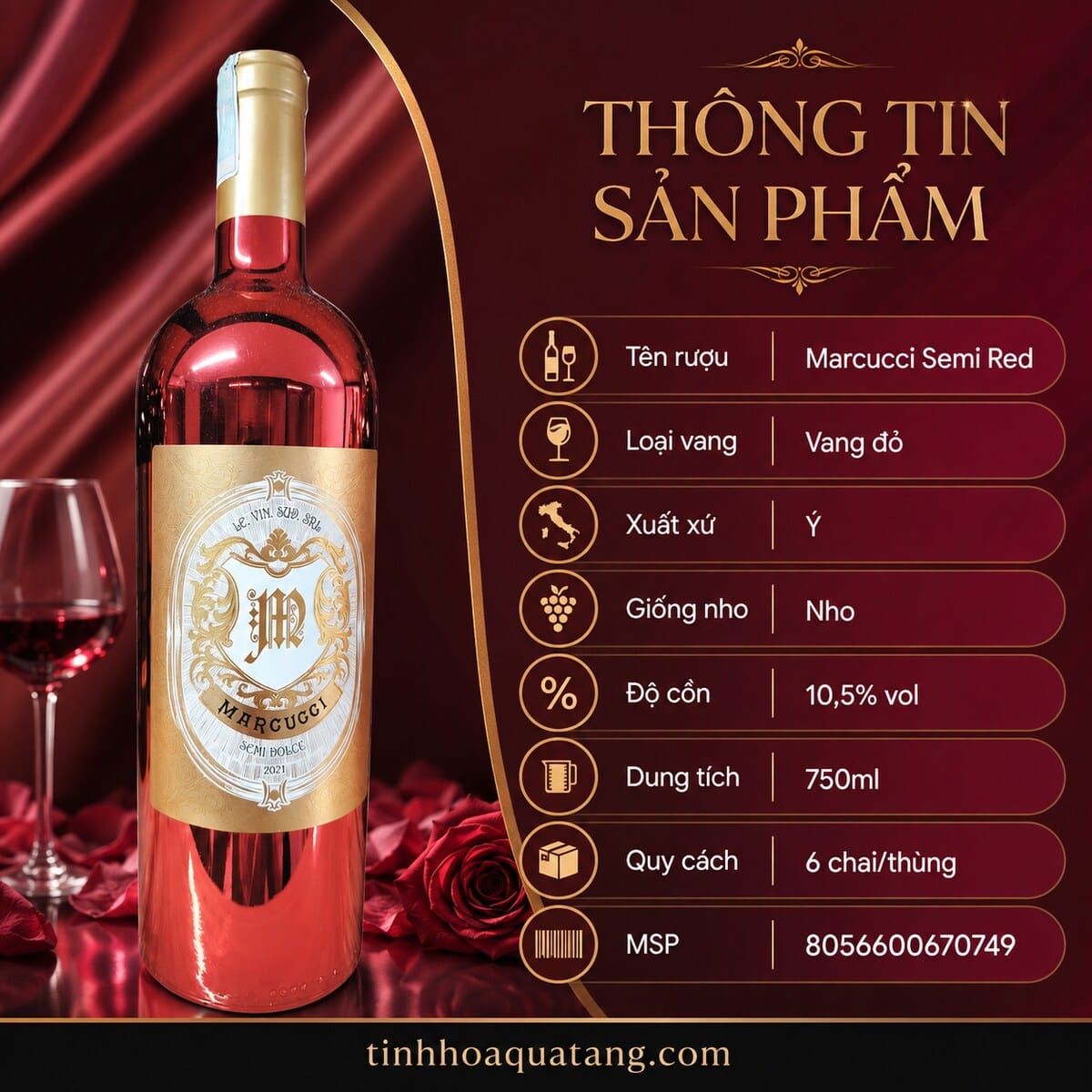 Rượu vang bán ngọt Marcucci Semi Red 2021 chai đỏ 750ml – Ý - Ảnh 3
