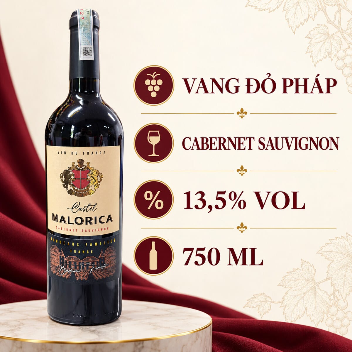 Rượu Vang Đỏ Pháp Castel Malorica Cabernet Sauvignon 750ml – 13,5% Vol - Ảnh 3