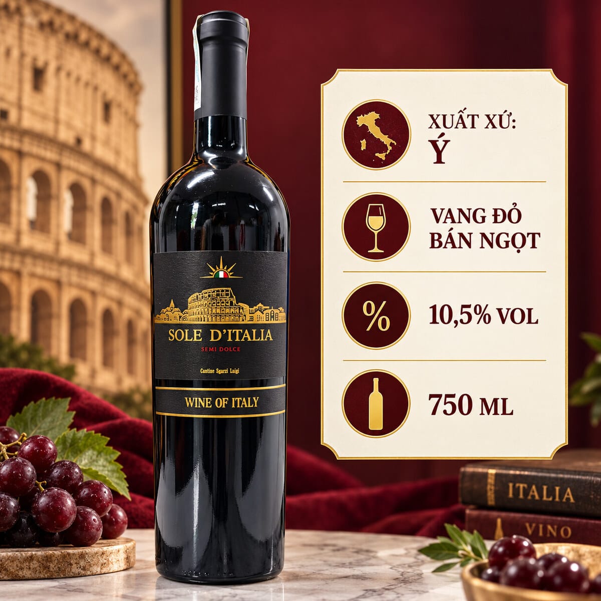 Rượu Vang Đỏ Bán Ngọt Ý Sole D’Italia Semi Dolce Hương Dâu Rừng 750ml – 10,5% Vol - Ảnh 3