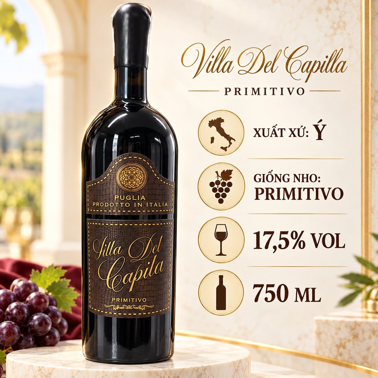 Rượu Vang Đỏ Ý Villa Del Capilla Primitivo Puglia 750ml – 17,5% Vol - Ảnh 3