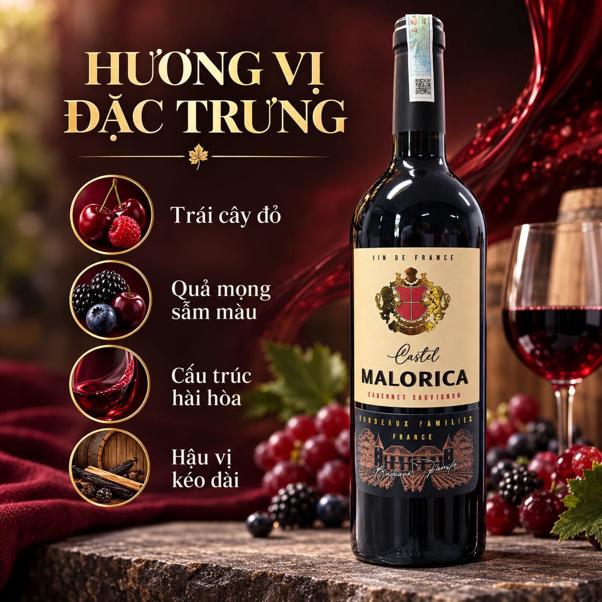 Rượu Vang Đỏ Pháp Castel Malorica Cabernet Sauvignon 750ml – 13,5% Vol - Ảnh 4
