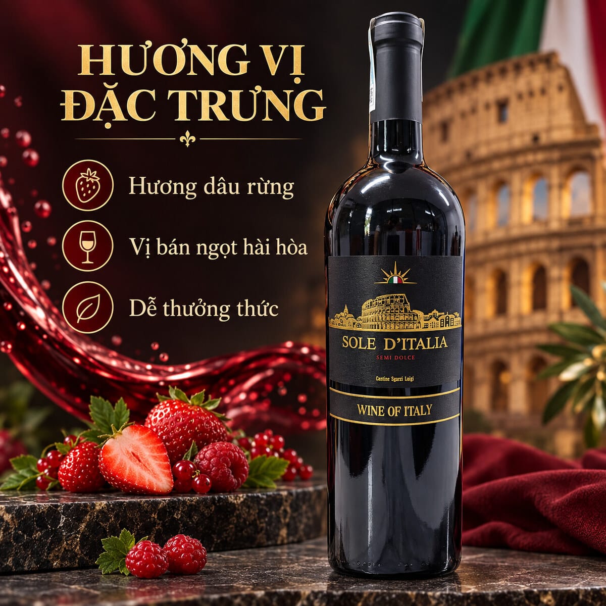 Rượu Vang Đỏ Bán Ngọt Ý Sole D’Italia Semi Dolce Hương Dâu Rừng 750ml – 10,5% Vol - Ảnh 4