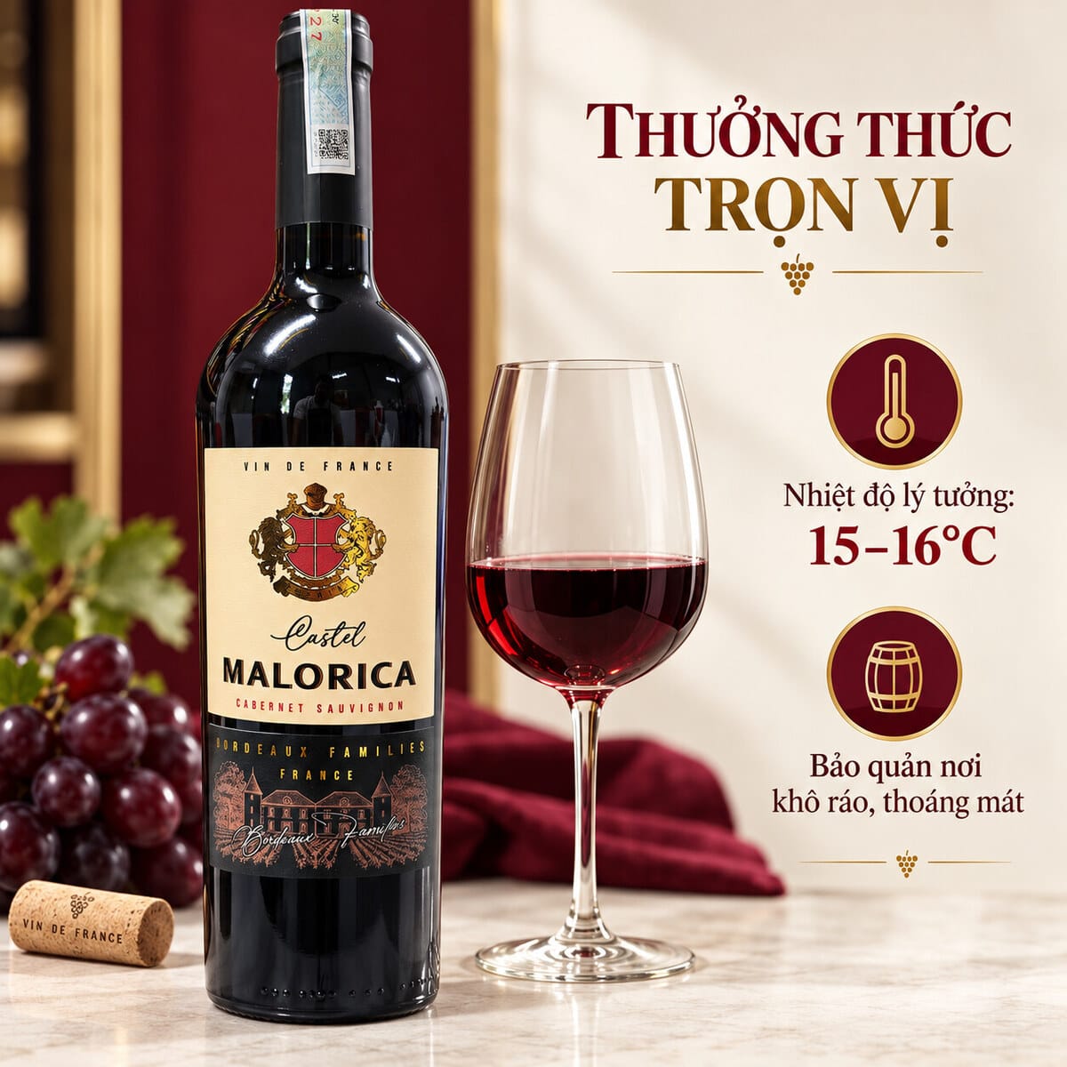 Rượu Vang Đỏ Pháp Castel Malorica Cabernet Sauvignon 750ml – 13,5% Vol - Ảnh 6