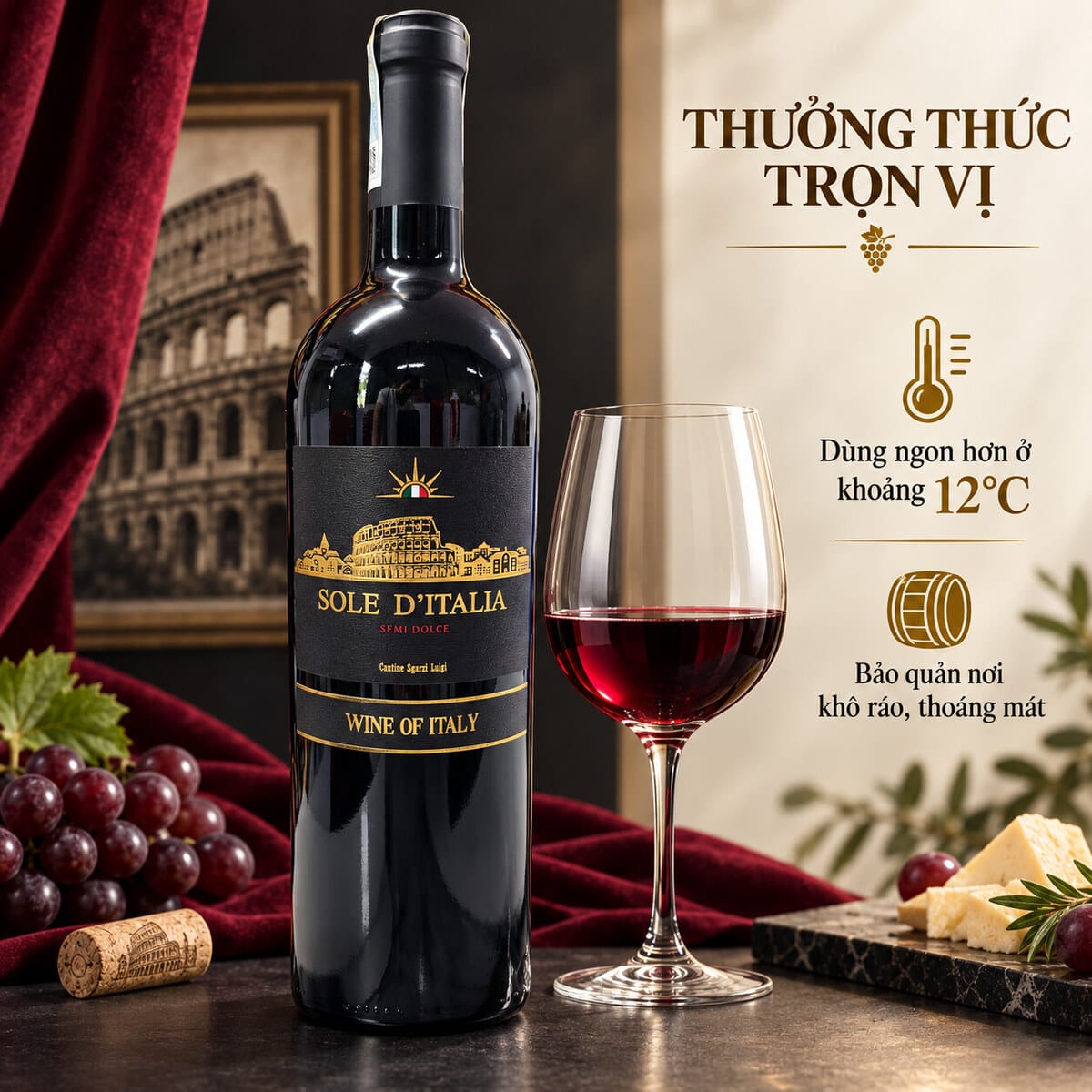 Rượu Vang Đỏ Bán Ngọt Ý Sole D’Italia Semi Dolce Hương Dâu Rừng 750ml – 10,5% Vol - Ảnh 6
