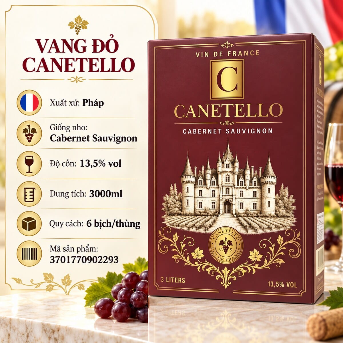 Rượu Vang Bịch Đỏ Pháp Canetello Cabernet Sauvignon 13,5% 3000ml - Ảnh 7