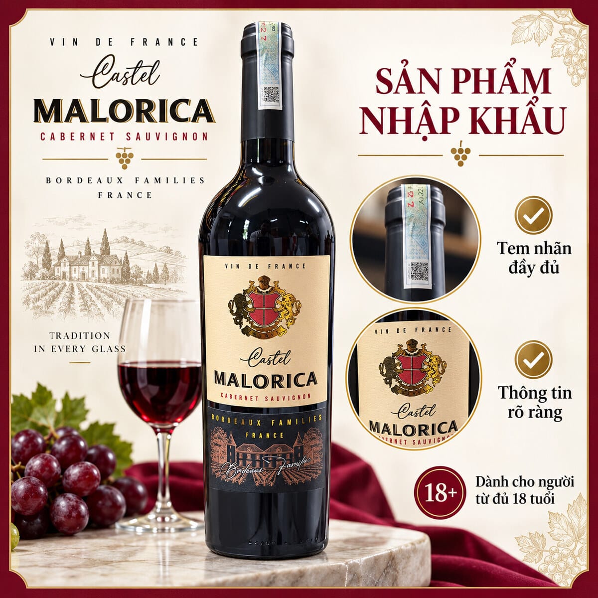 Rượu Vang Đỏ Pháp Castel Malorica Cabernet Sauvignon 750ml – 13,5% Vol - Ảnh 8