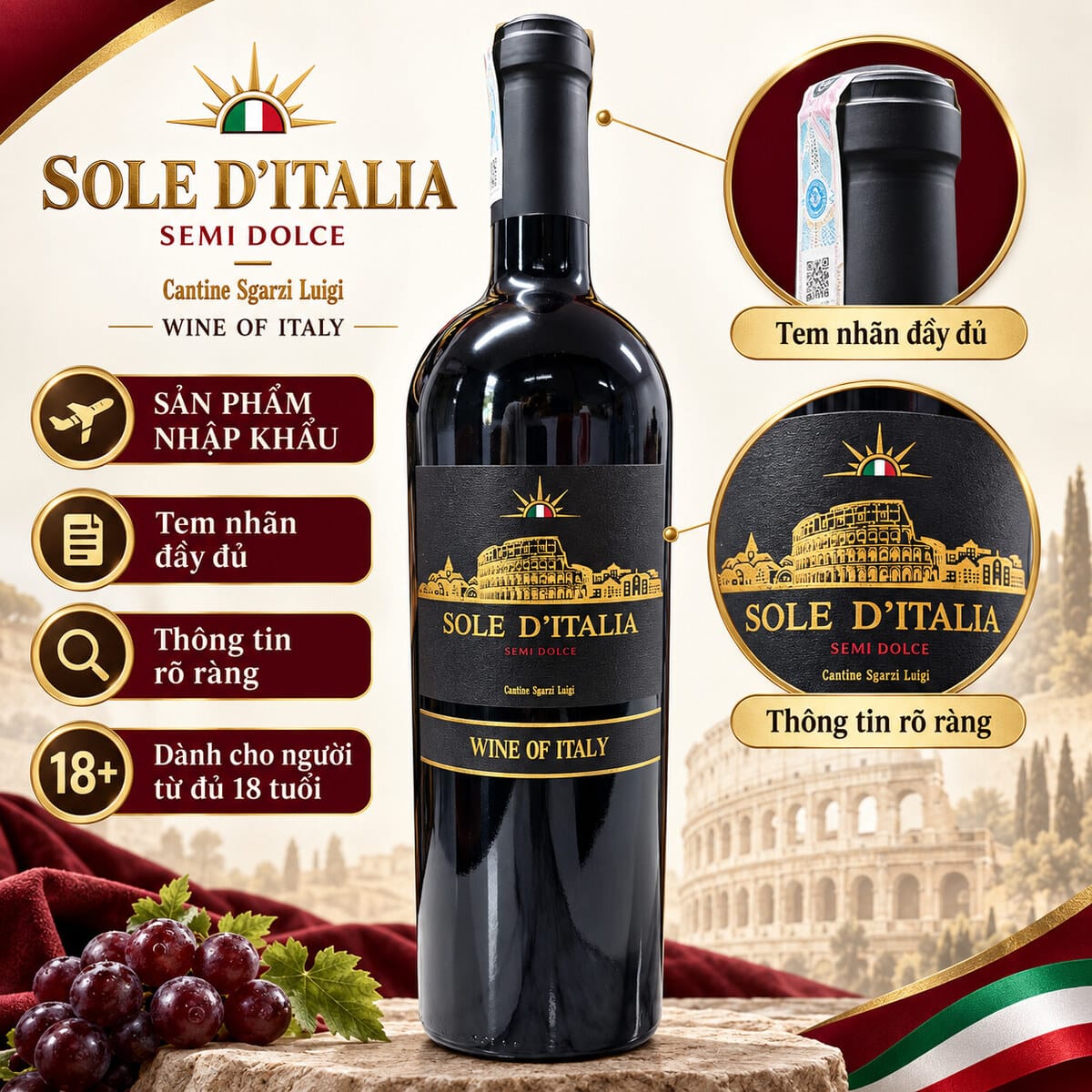 Rượu Vang Đỏ Bán Ngọt Ý Sole D’Italia Semi Dolce Hương Dâu Rừng 750ml – 10,5% Vol - Ảnh 8