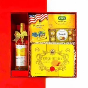 Hộp quà Tết 2026 HQ260549 – Rượu vang Mangrove, Bánh Cookies Gift Box, Socola Jinkeli