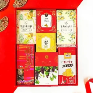 Hộp quà Tết 2026 HQ260592 – Bánh Petit Beurre, Socola Nurello, Nho khô