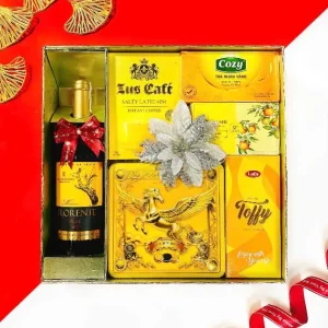 Hộp quà Tết 2026 HQ260604 – Rượu vang Florente, Bánh Lucky Sun, Kẹo Toffy