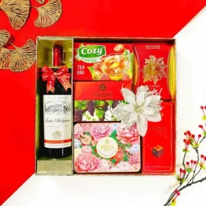 Hộp quà Tết 2026 HQ260614 – Rượu vang Louis Belgrave, Bánh Reina Gold, Socola Majesty